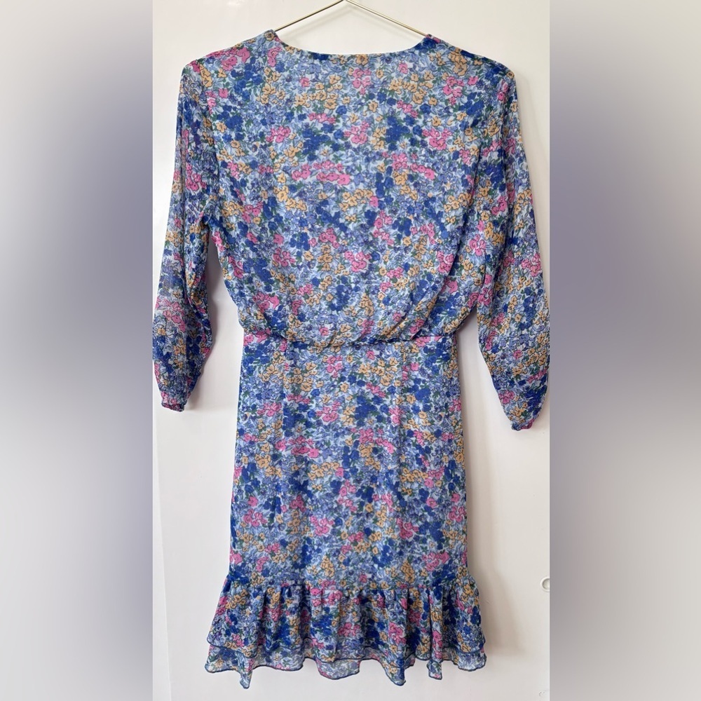 Zara| Blue & Pink Feminine Floral Above Knee Ruched Dress with V-Neck Sz XS - Picture 3 of 9